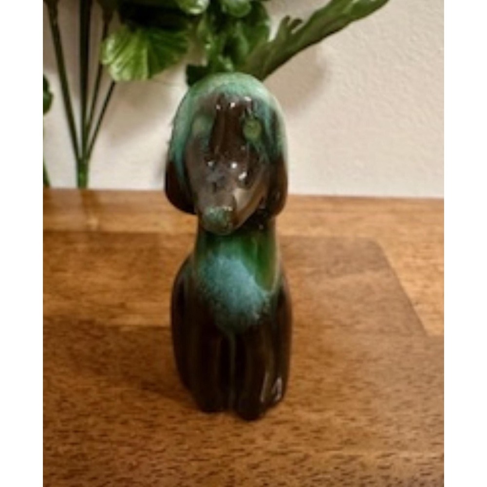 Blue Mountain Pottery Dog Figurine – Mid-Century Green Drip Glaze Puppy